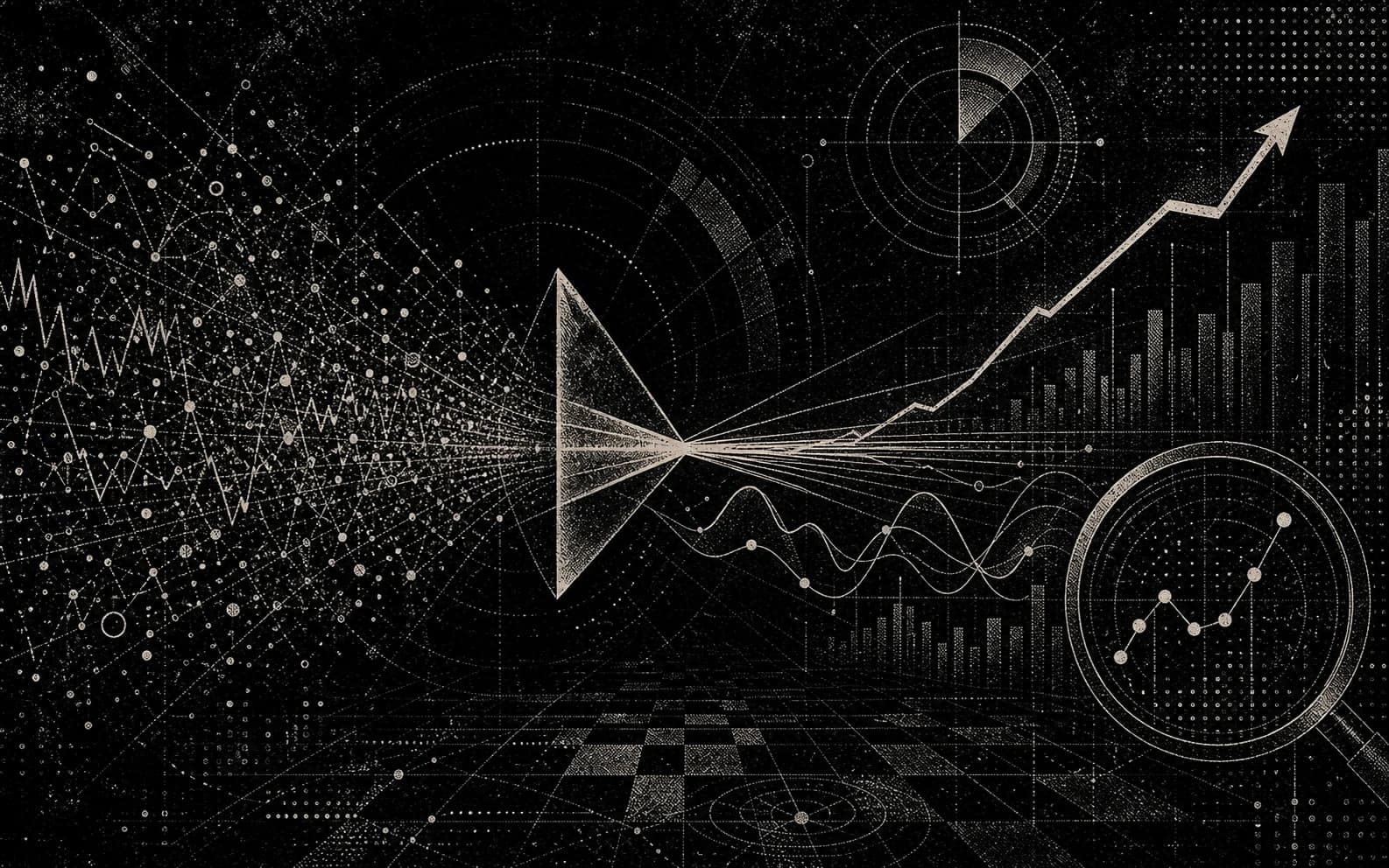 A monochrome risograph of performance signals resolving into one clear command view