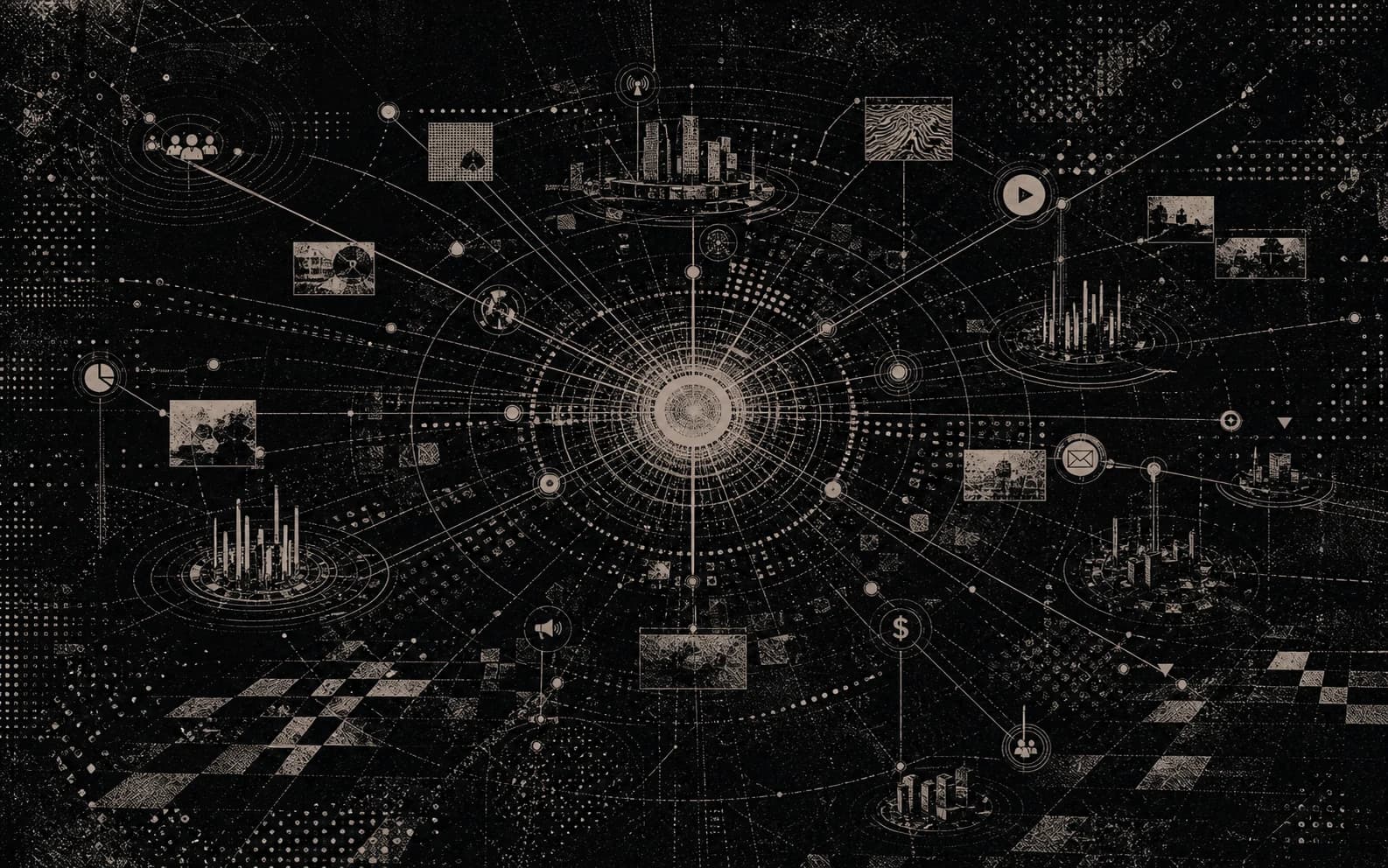 A monochrome risograph campaign network converging on one live command hub