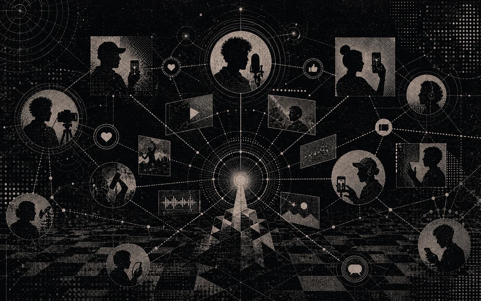 A monochrome risograph network of creators connected to a central campaign signal