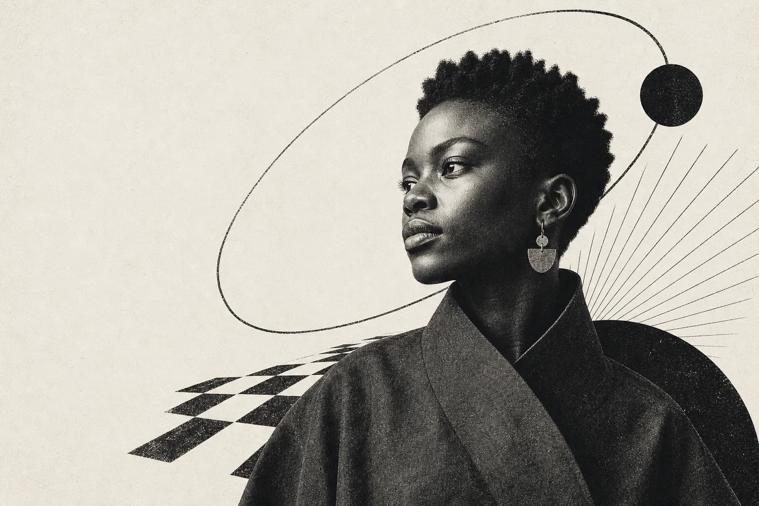 Abstract monochrome portrait of an African creative surrounded by signal geometry