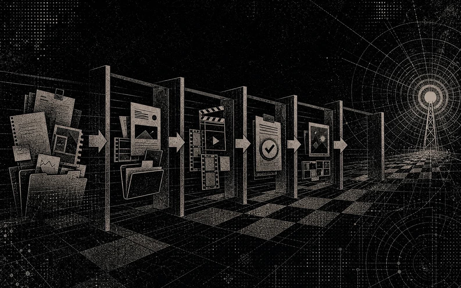 A monochrome risograph library of creative assets organized into one shared store