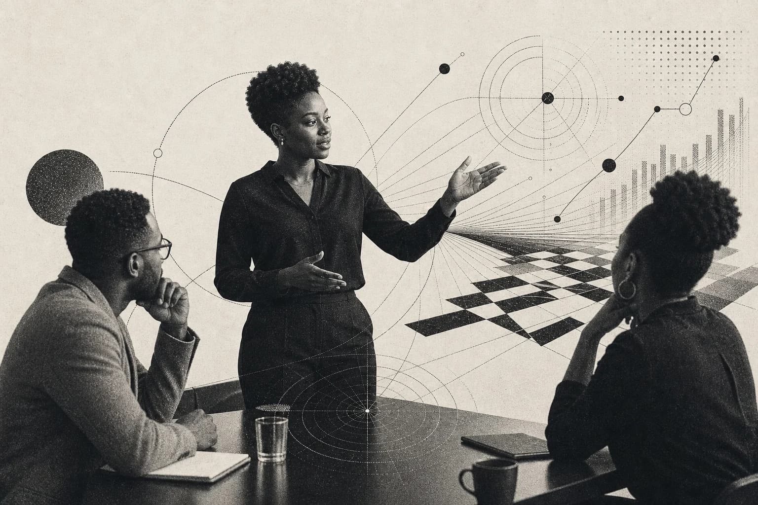 African agency strategist presenting campaign pathways to two clients in a monochrome risograph scene