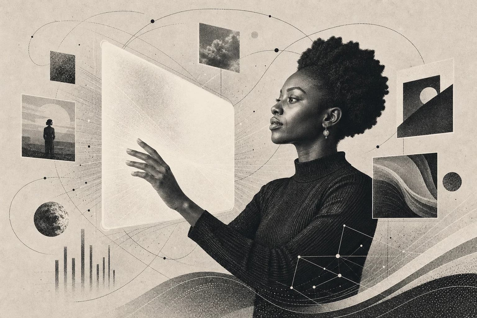 African client reviewing an abstract live workspace surrounded by campaign signals in a monochrome risograph scene
