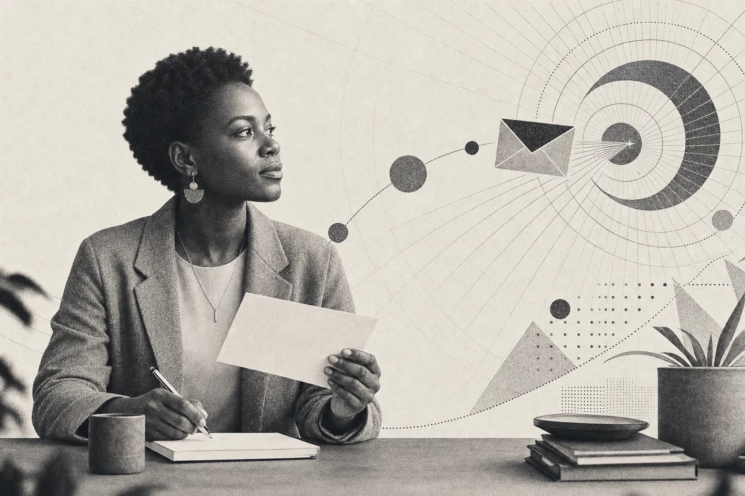 African account lead composing a focused client message that travels toward a campaign target in a monochrome risograph scene
