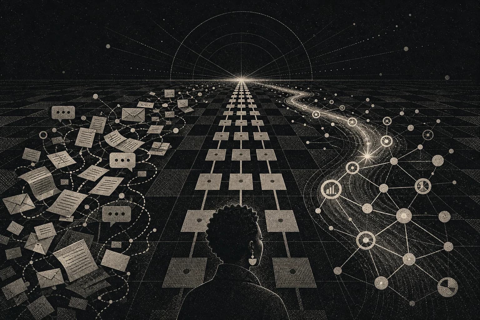 African strategist comparing scattered messages, task grids, and a connected workspace in a monochrome risograph scene