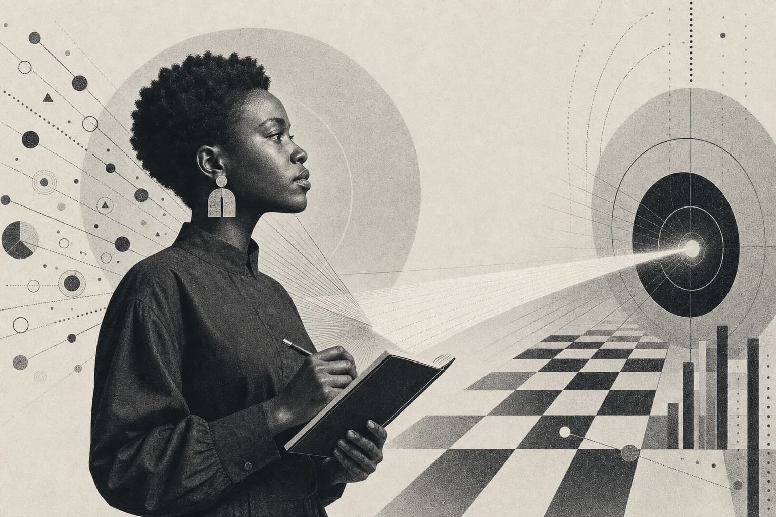 African strategist turning one written idea into a focused path toward a target in a monochrome risograph scene