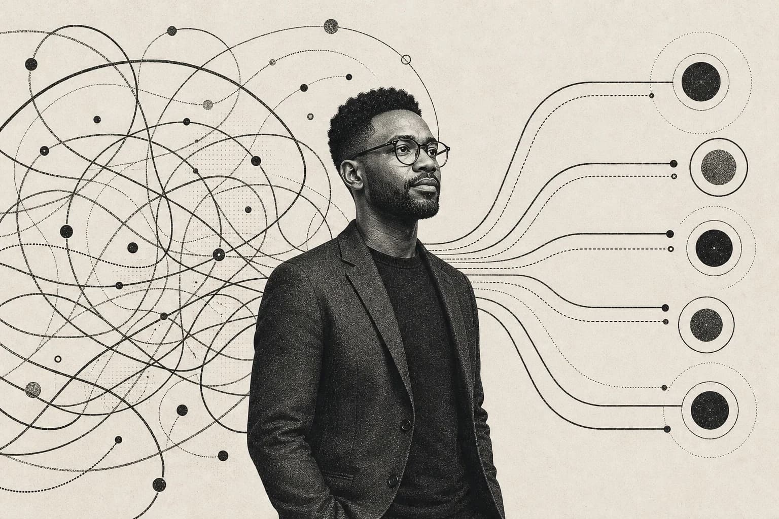African agency lead standing between tangled questions and clear resolved pathways in a monochrome risograph scene
