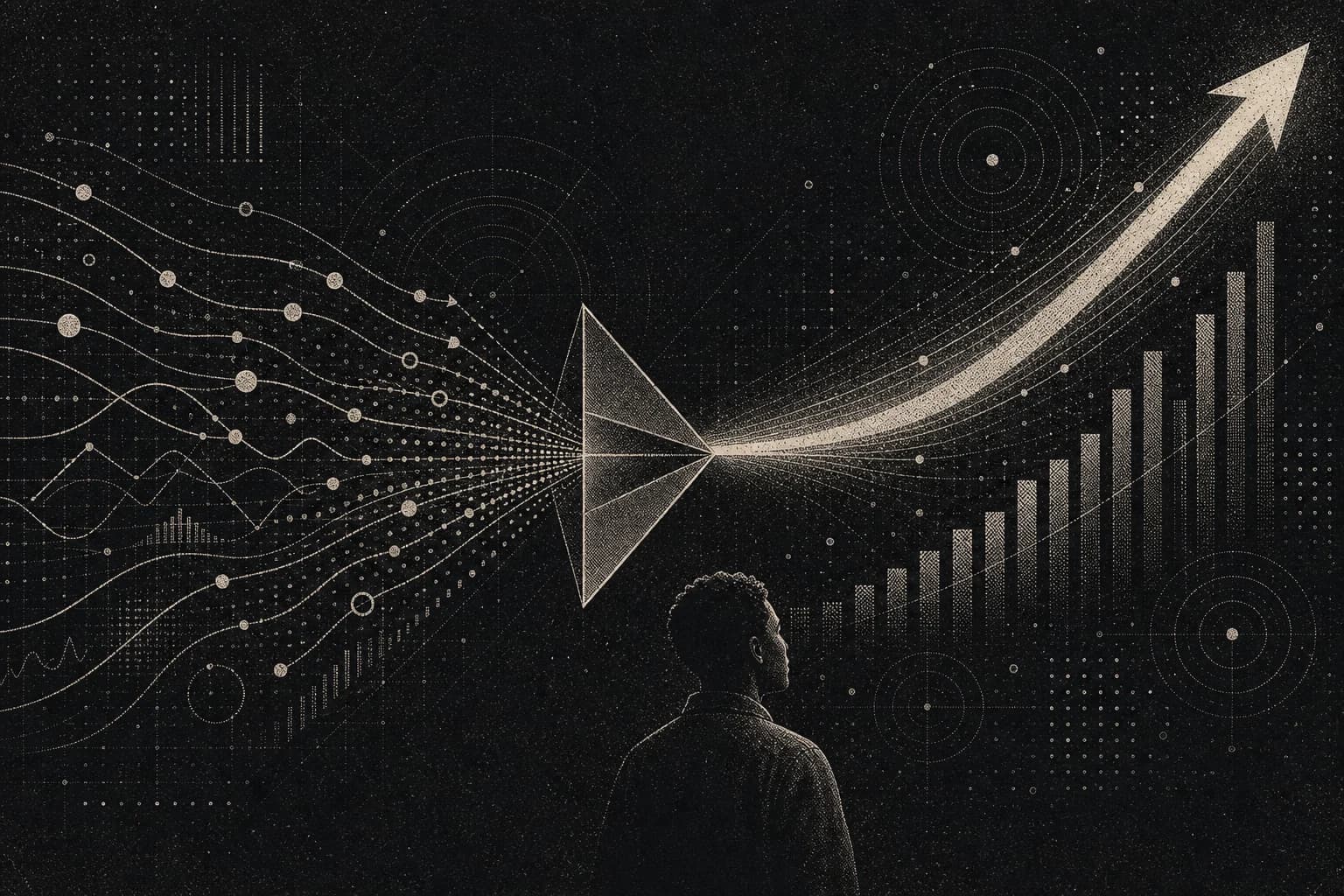 Client pathways passing through a calculation prism and rising as a margin curve in a monochrome risograph scene