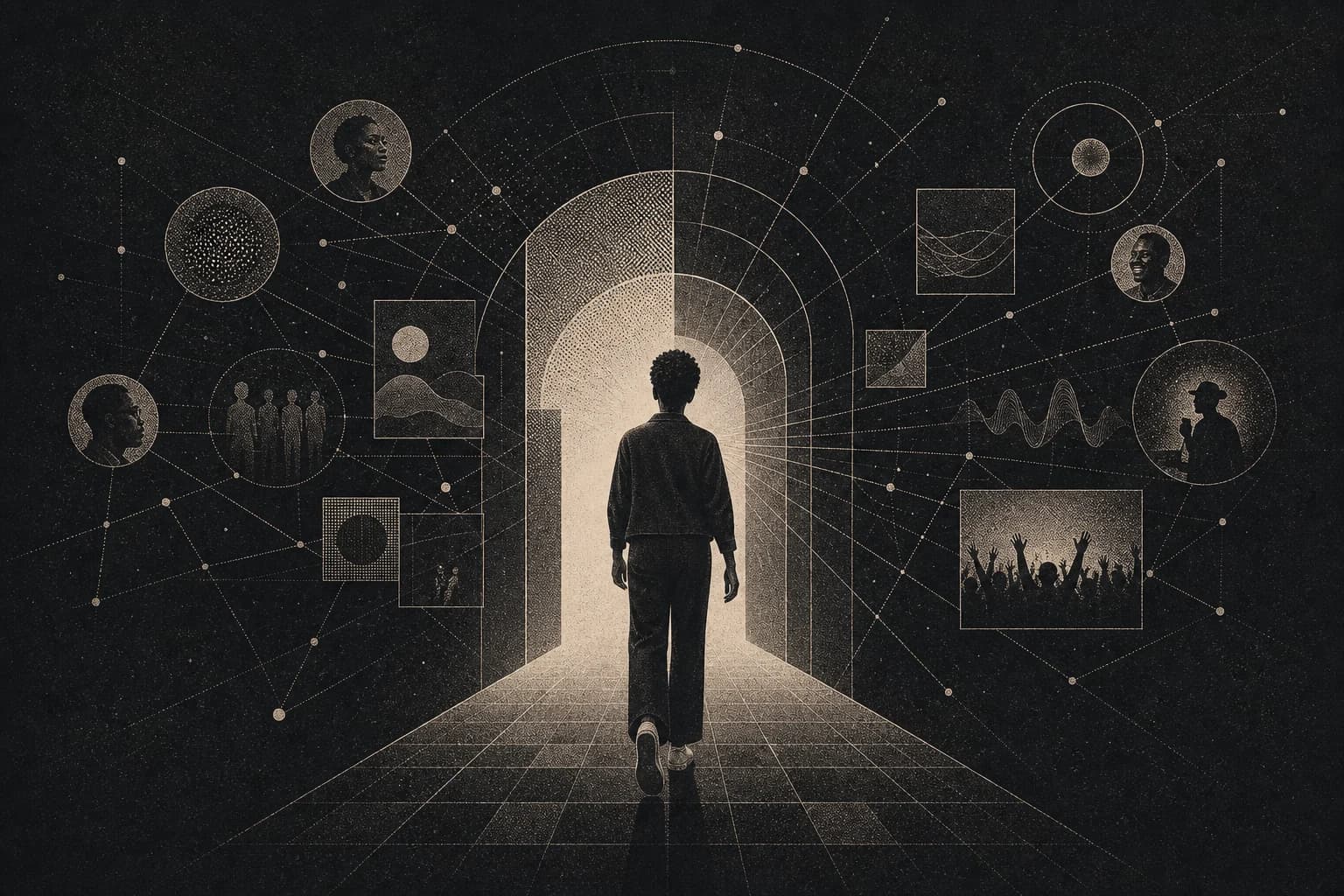 African client entering a luminous workspace connected to campaigns and collaborators in a monochrome risograph scene